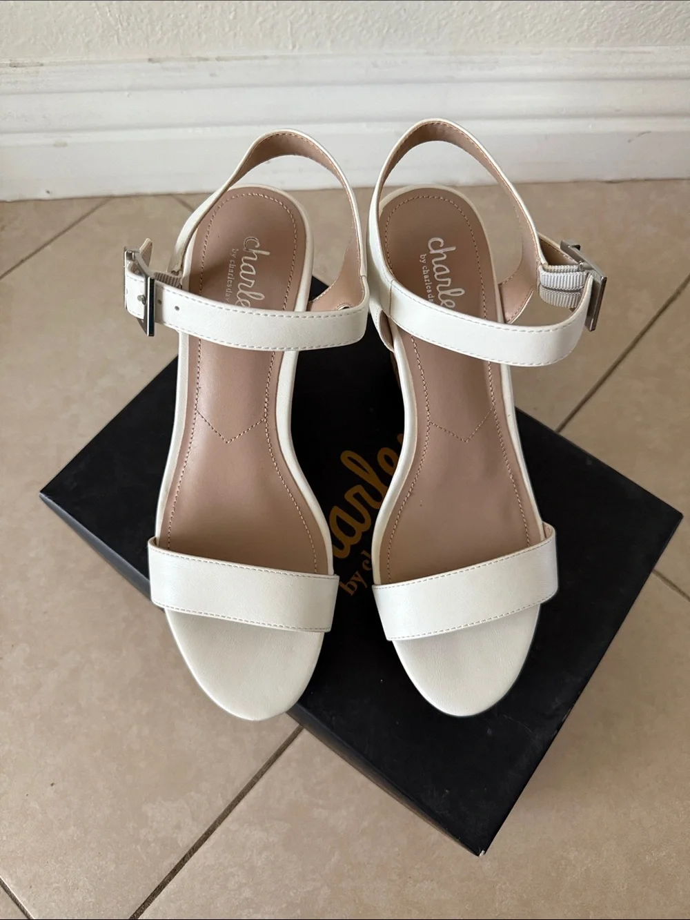 New Charles by Charles David White Cork Wedge Sandals